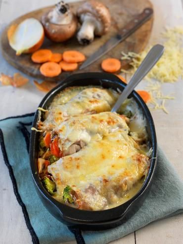 Roulés gratinés de jambon aux petits légumes Roulés gratinés de jambon aux petits légumes